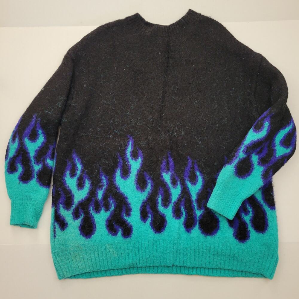 ADIKA Pullover Sweater Size Black Teal Purple Cozy Flames Fuzzy Crew Women's L